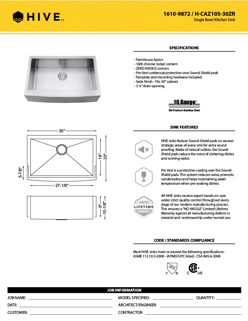 H-AZ105-30ZR: 30" Stainless Steel Single Bowl Farmhouse Kitchen Sink ZERO RADIUS