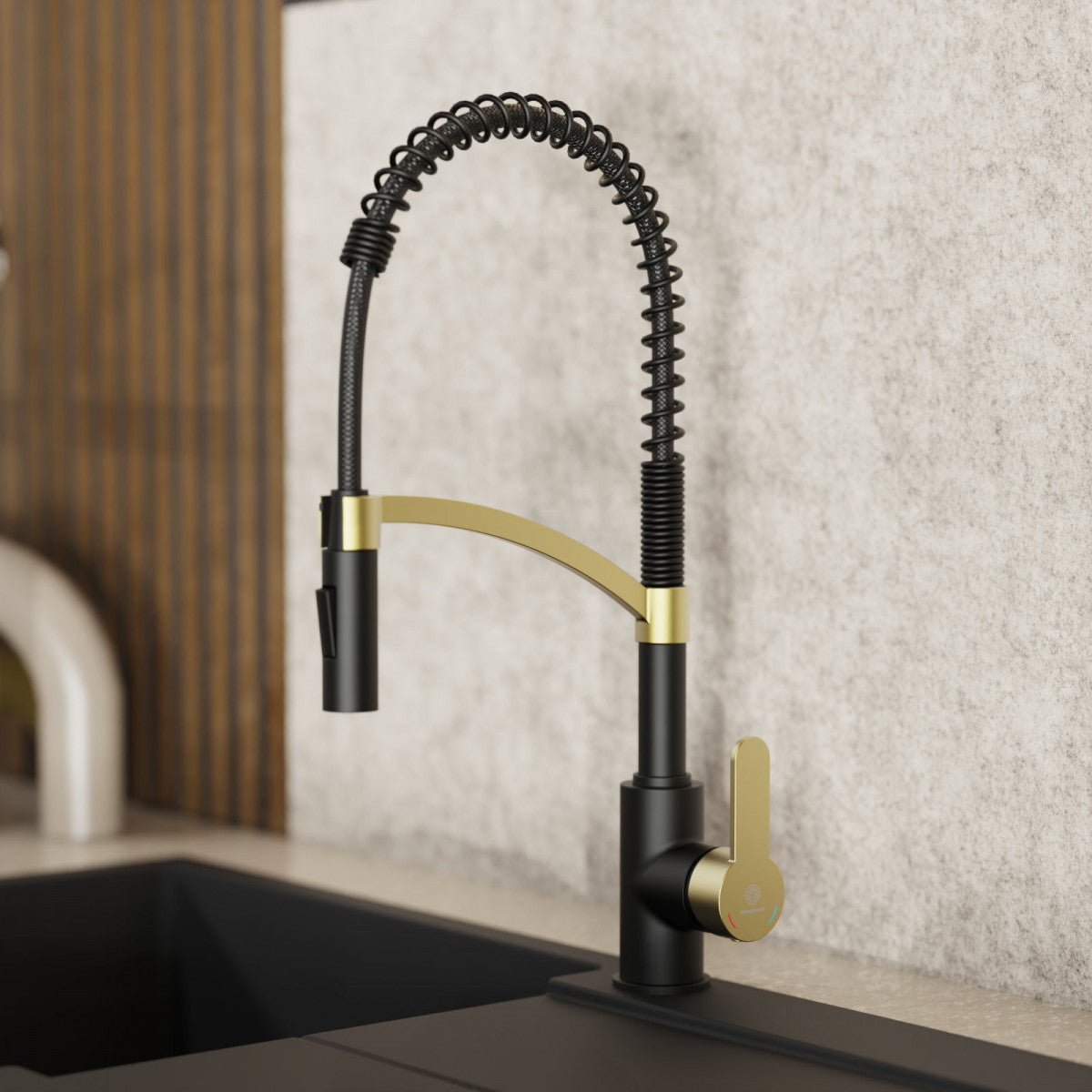 Wasserwerk Felis Semi-Pro matte black and brushed gold kitchen faucet 700558/USW