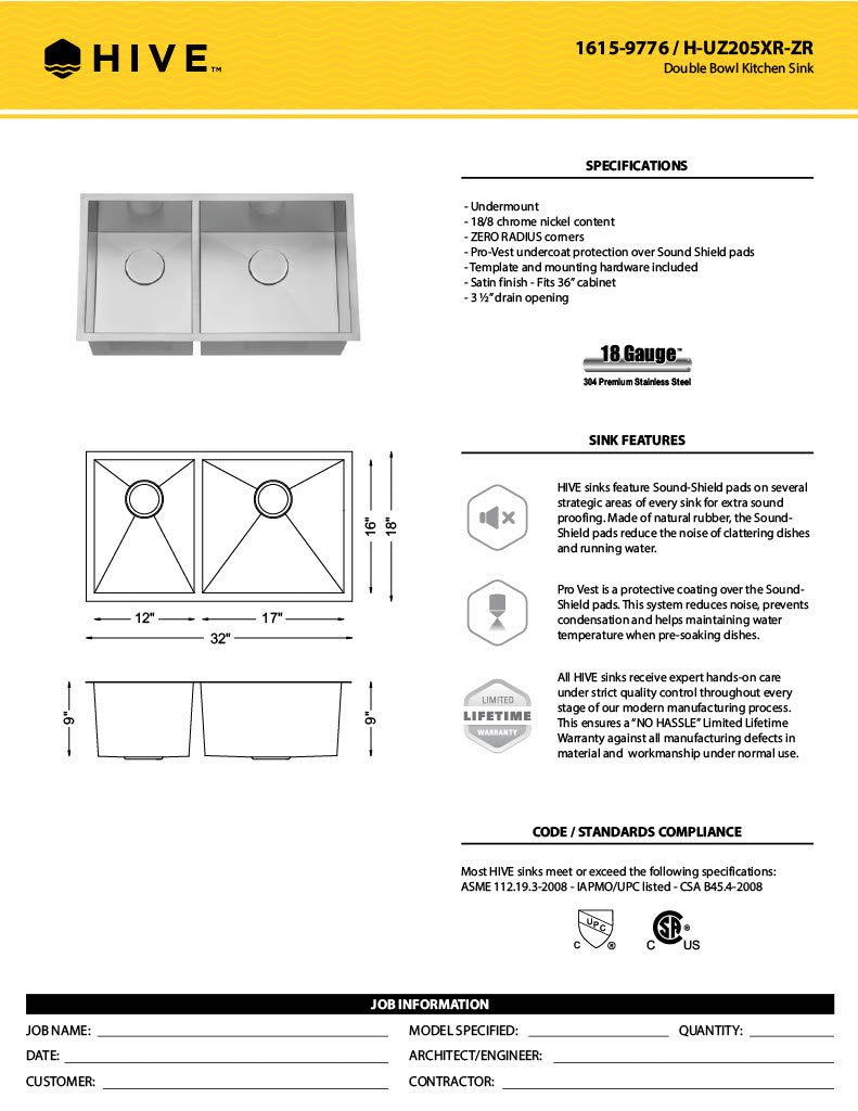 H-Z205XR-ZR: 32" Stainless Steel 1-3/4 Double Bowl Kitchen Sink Reverse ZERO RADIUS