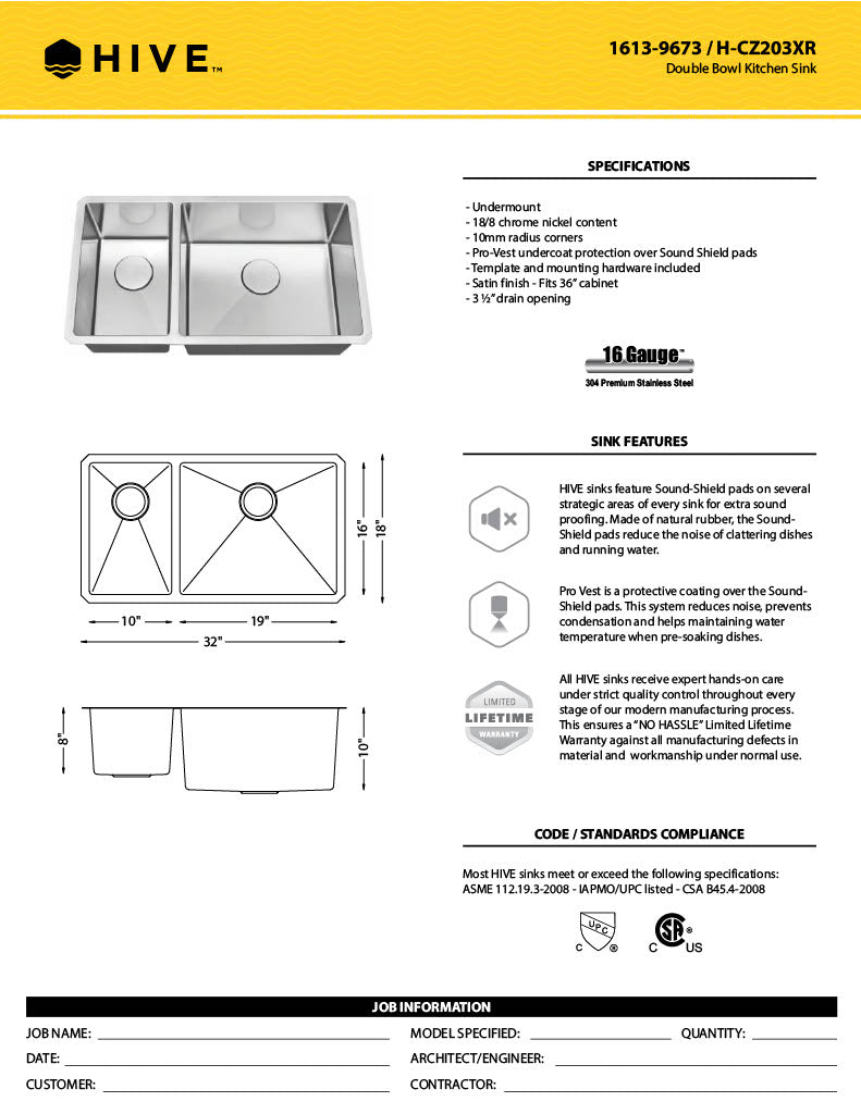 H-Z203XR: 32" Stainless Steel 1-1/2 Double Bowl Kitchen Sink Reverse R10