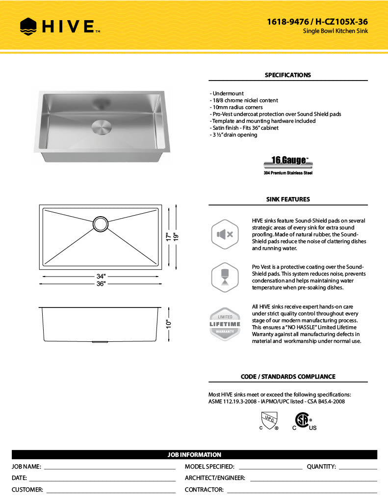 H-Z105X-36: 36" Stainless Steel Large Single Bowl Kitchen Sink R10