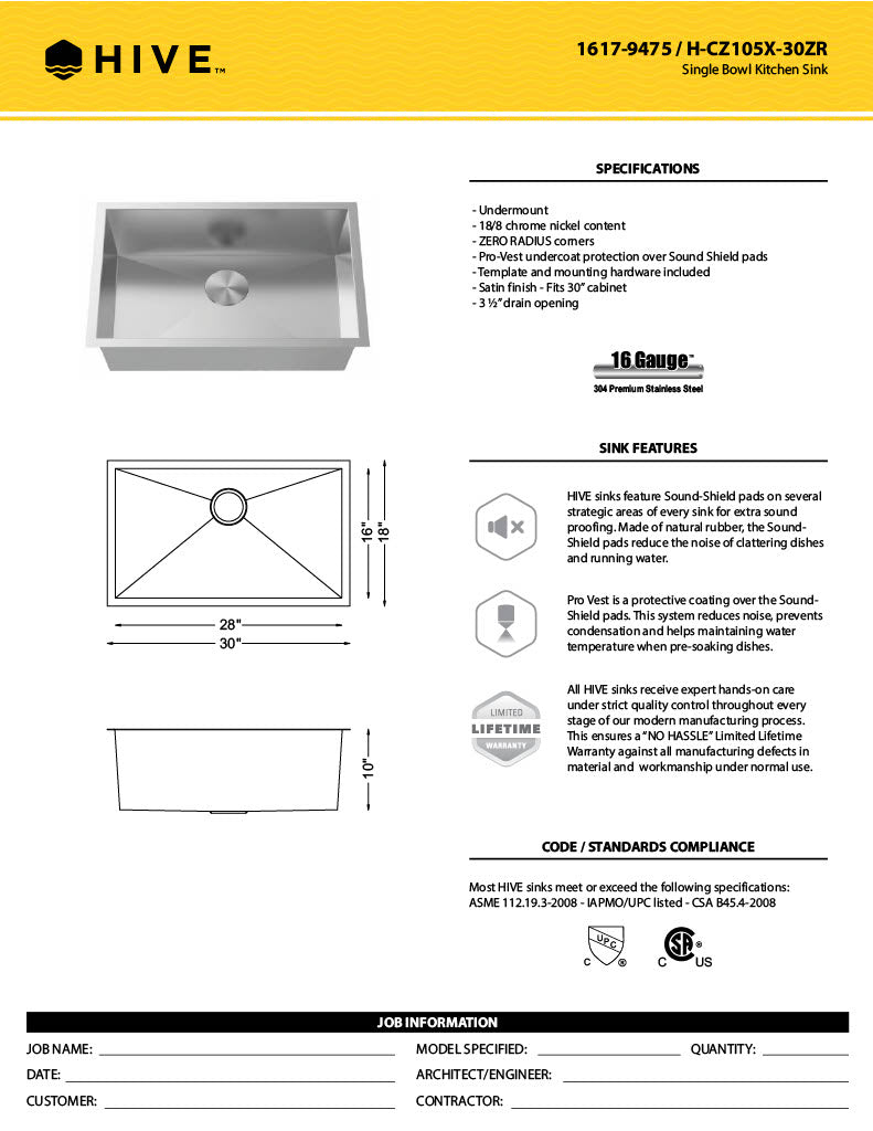 H-Z105X-30ZR: 30" Stainless Steel Single Bowl Kitchen Sink ZERO RADIUS