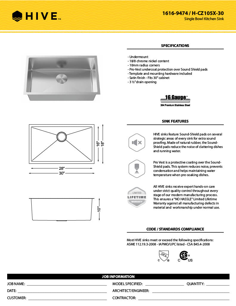 H-Z105X-30: 30" Stainless Steel Single Bowl Kitchen Sink R10