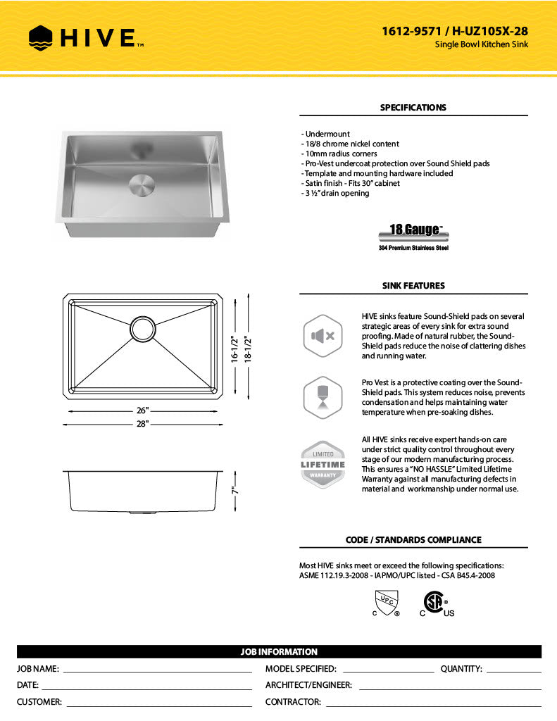H-UZ105X-28: 28" Stainless Steel Single Bowl Kitchen Sink R10