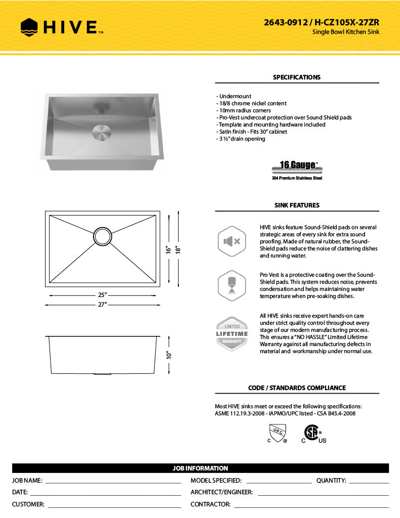 H-Z105X-27-ZR: 27" Stainless Steel Single Bowl Kitchen Sink ZERO RADIUS