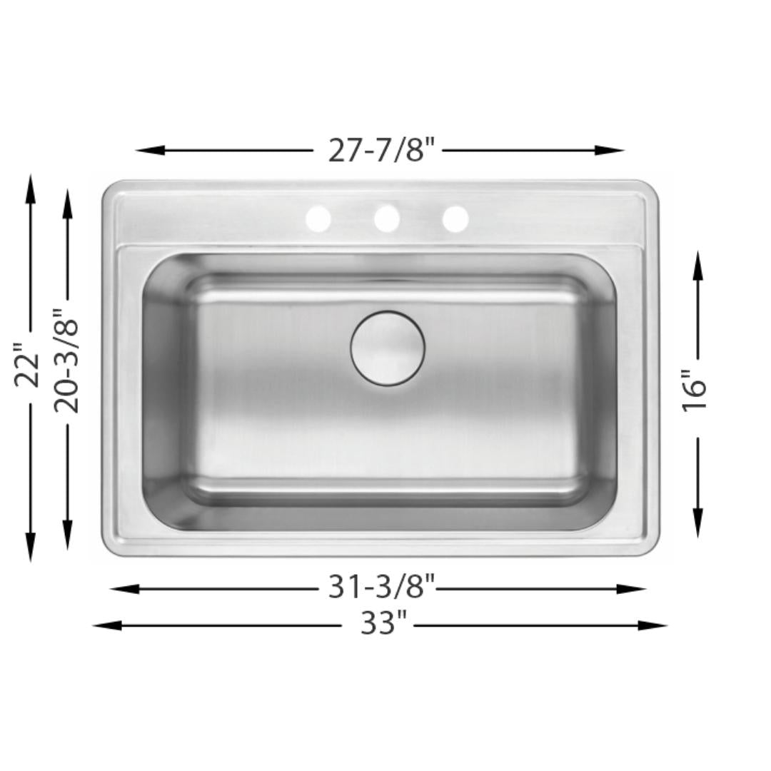 H-105-DI: 32" Stainless Steel Drop-In Single Bowl Kitchen Sink