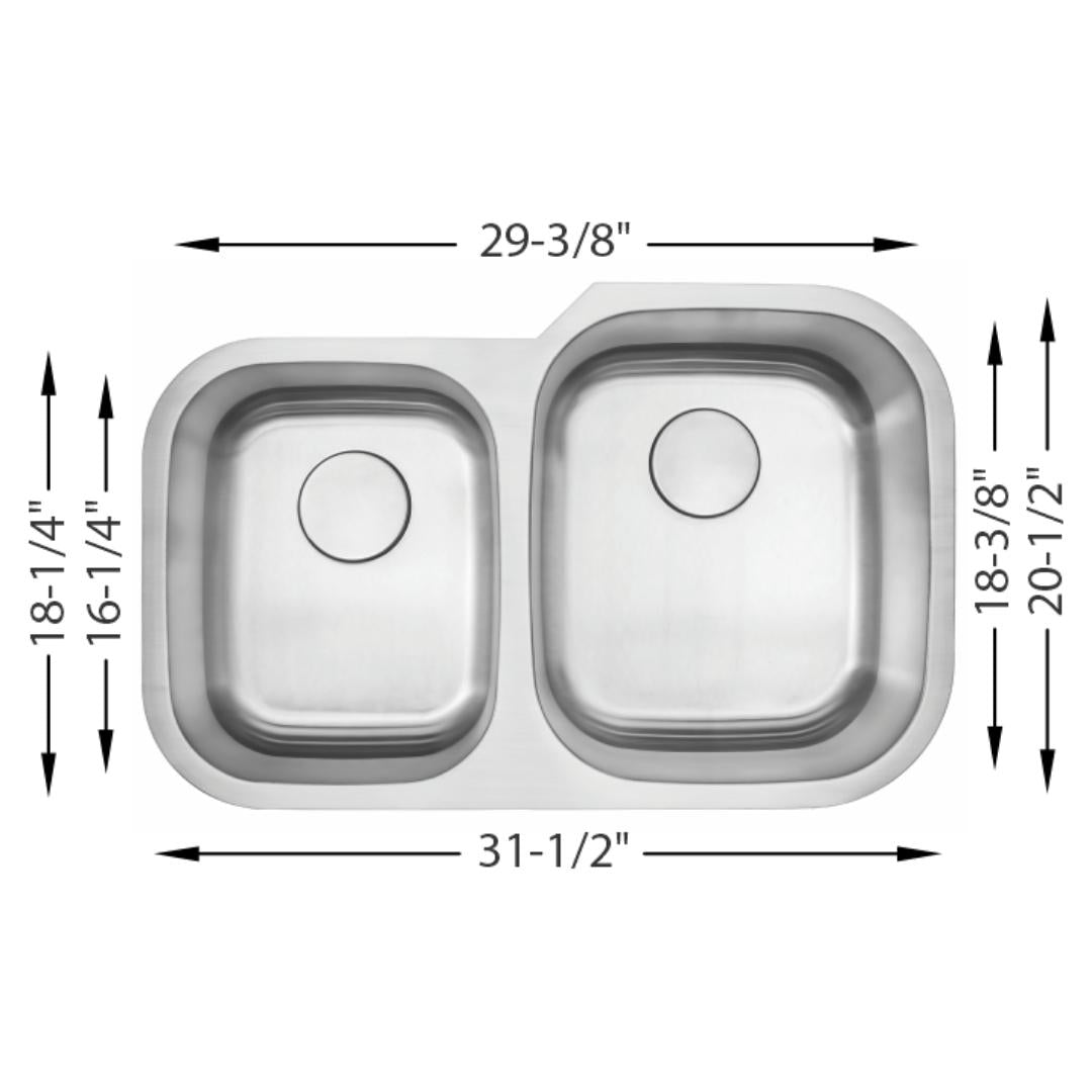 H-201R: 32" Stainless Steel 1-3/4 Double Bowl Kitchen Sink Reverse