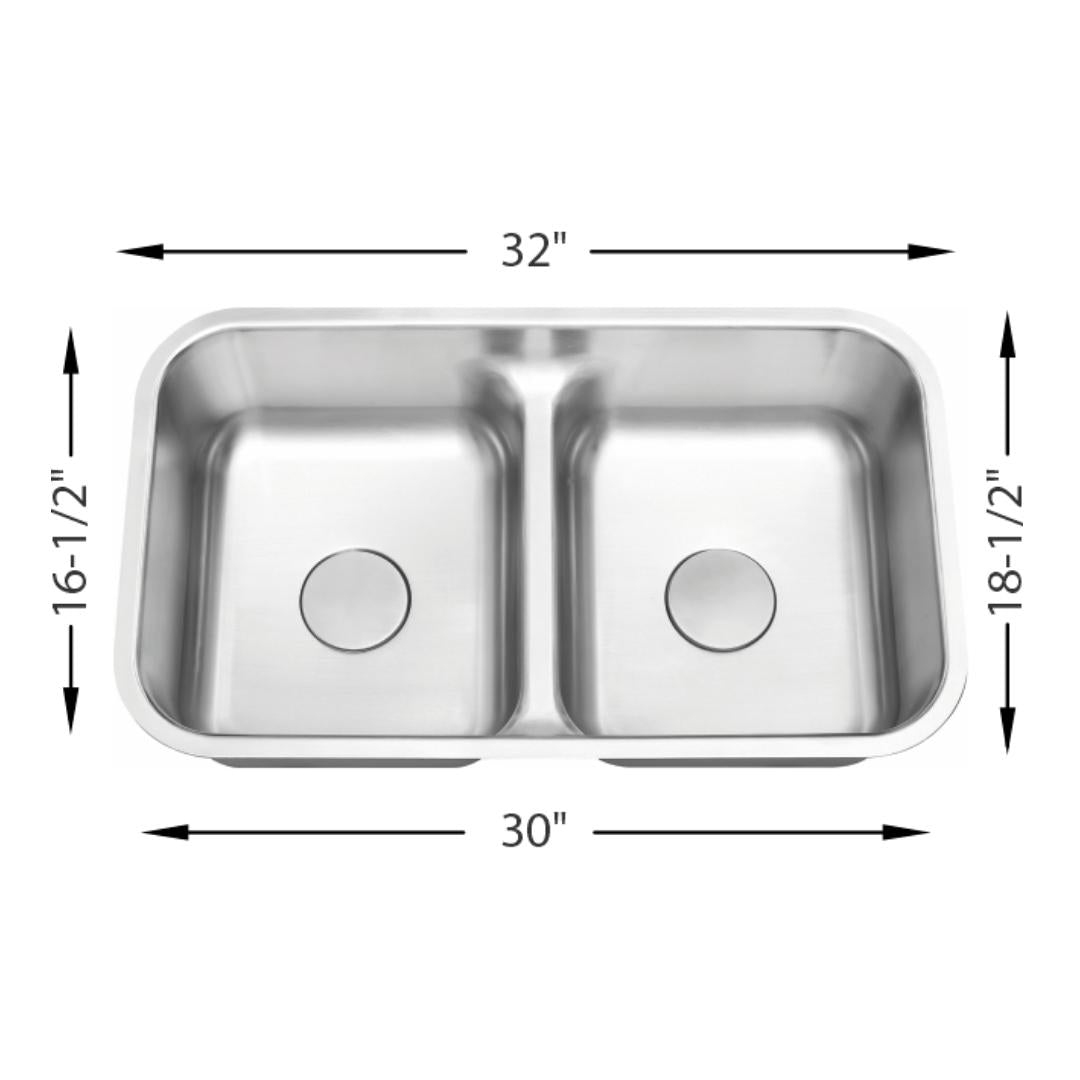 H-202-LD: 32" Stainless Steel Double Equal Bowl Kitchen Sink - LOW DIVIDER
