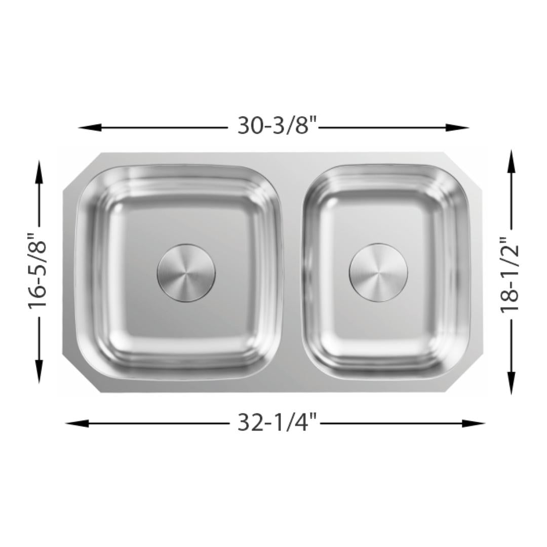 H-207: 33" Stainless Steel 1-3/4 Double Bowl Kitchen Sink