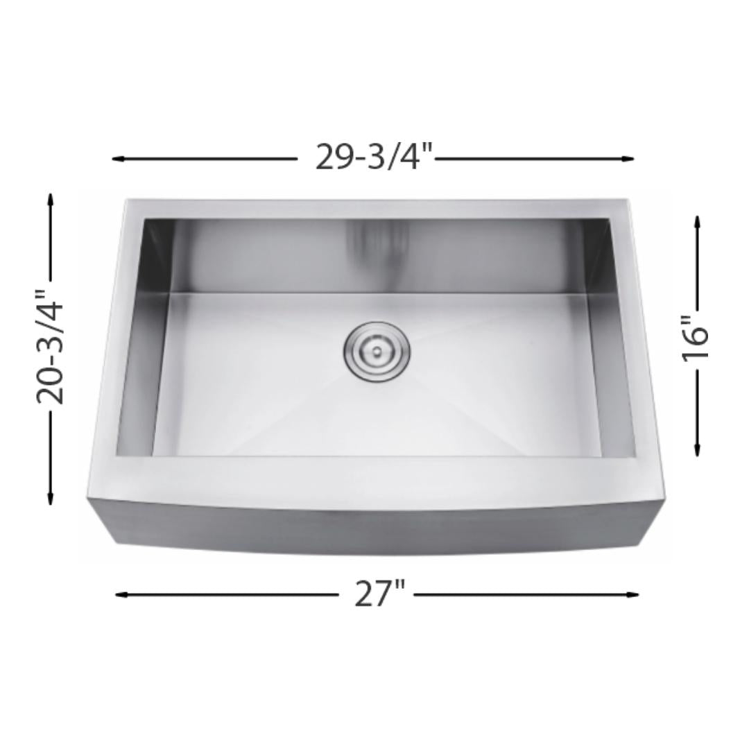 H-AZ105-30ZR: 30" Stainless Steel Single Bowl Farmhouse Kitchen Sink ZERO RADIUS