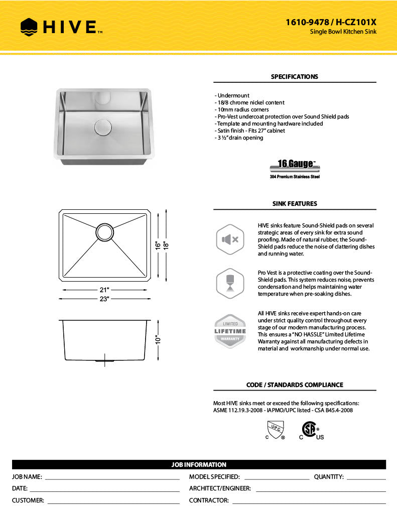 H-Z101X: 23" Stainless Steel Medium Single Bowl Kitchen Sink R10