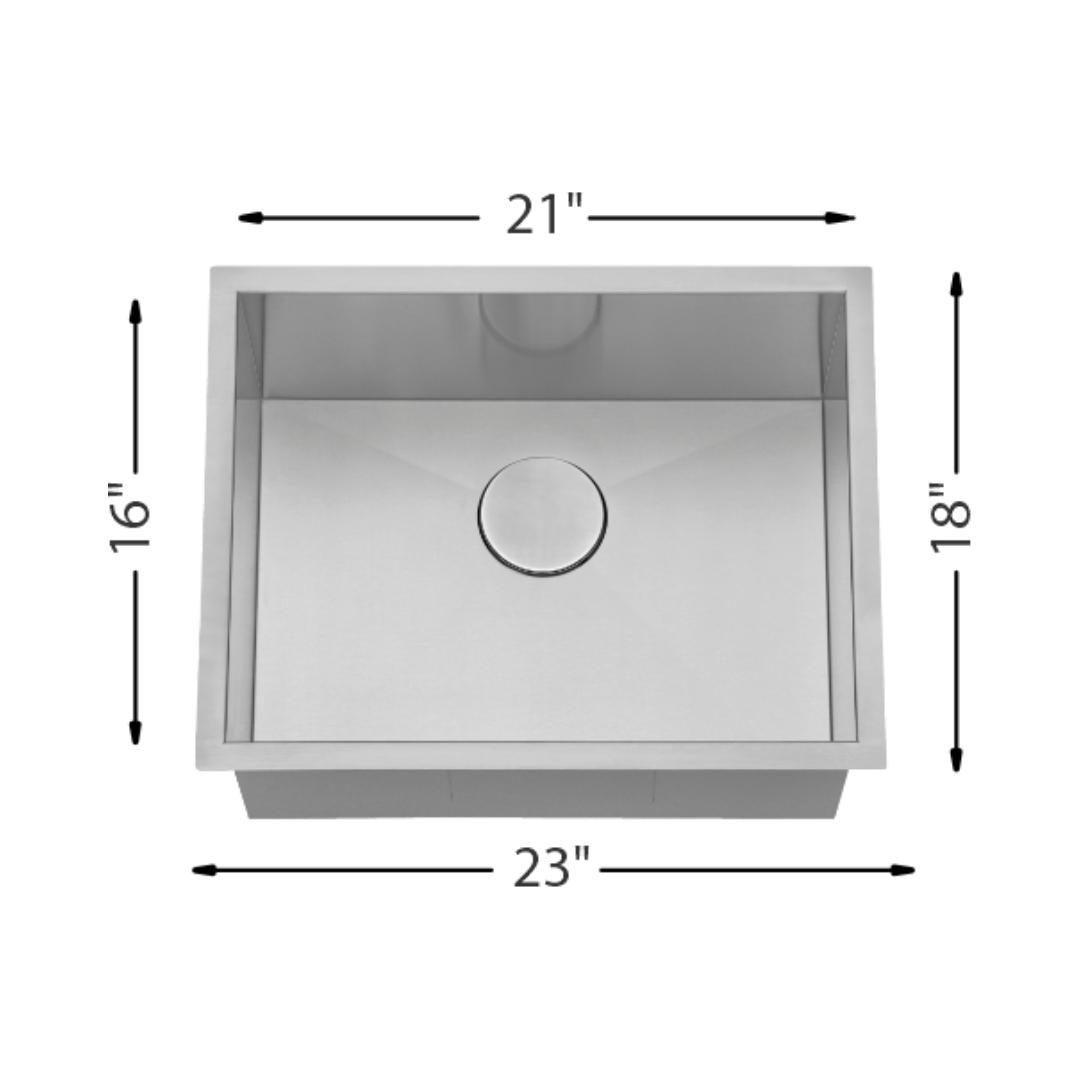 H-Z101X-ZR: 23" Stainless Steel Medium Single Bowl Kitchen Sink ZERO RADIUS