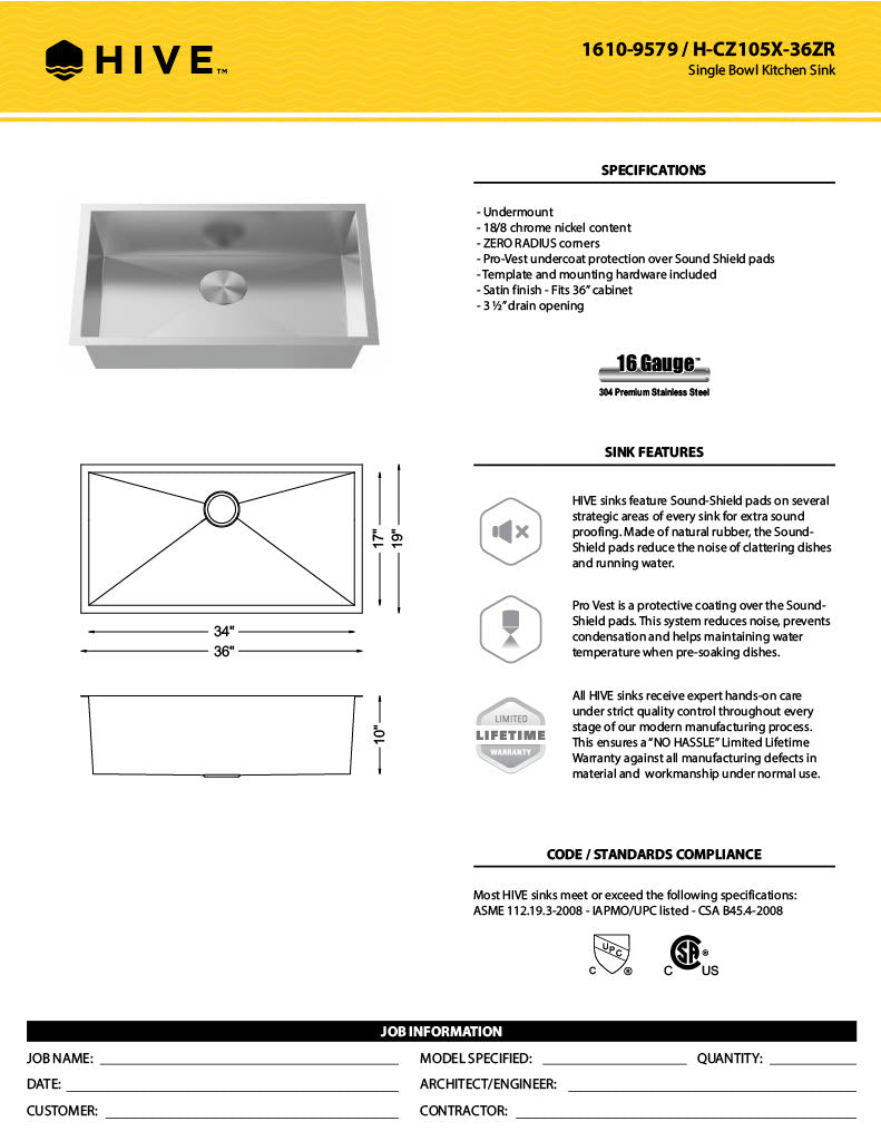 H-Z105X-36-ZR: 36" Stainless Steel Large Single Bowl Kitchen Sink ZERO RADIUS