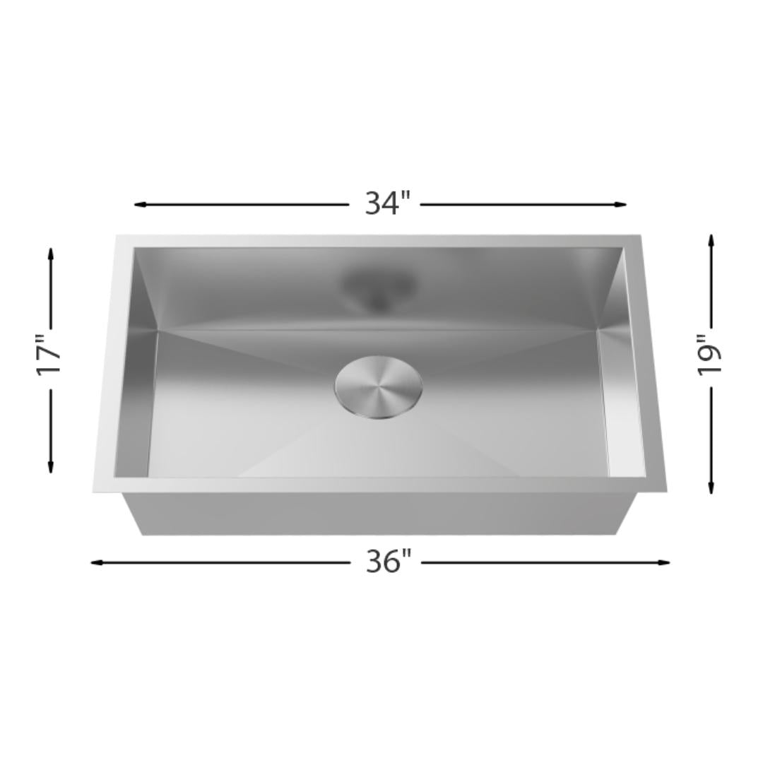 H-Z105X-36-ZR: 36" Stainless Steel Large Single Bowl Kitchen Sink ZERO RADIUS