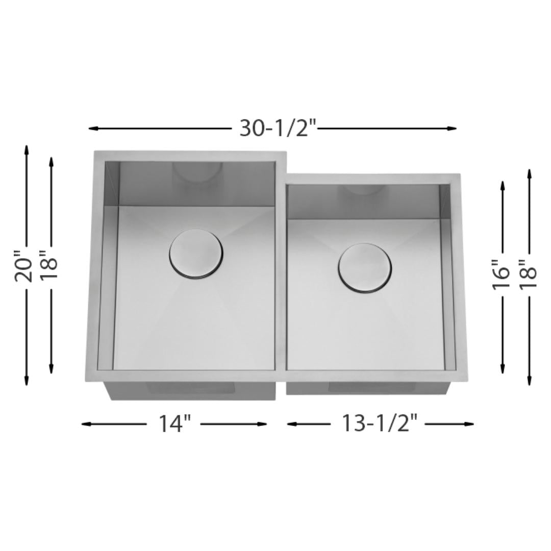 H-Z201X-ZR: 31" Stainless Steel 1-3/4 Double Bowl Kitchen Sink ZERO RADIUS