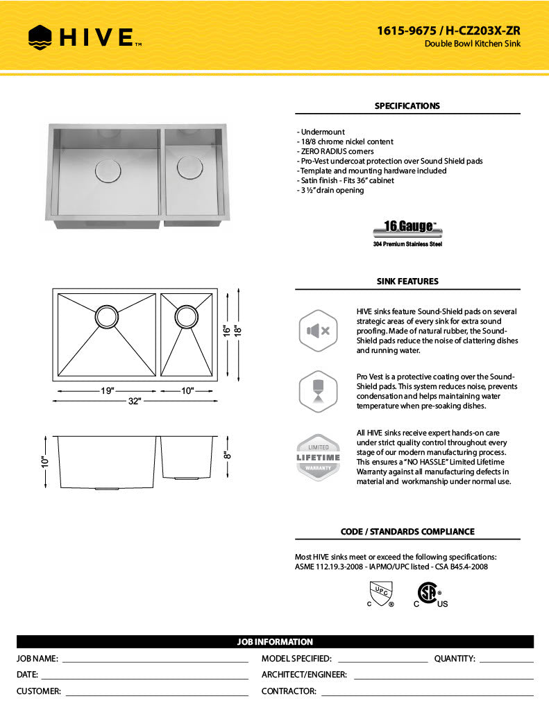 H-Z203X-ZR: 32" Stainless Steel 1-1/2 Double Bowl Kitchen Sink ZERO RADIUS