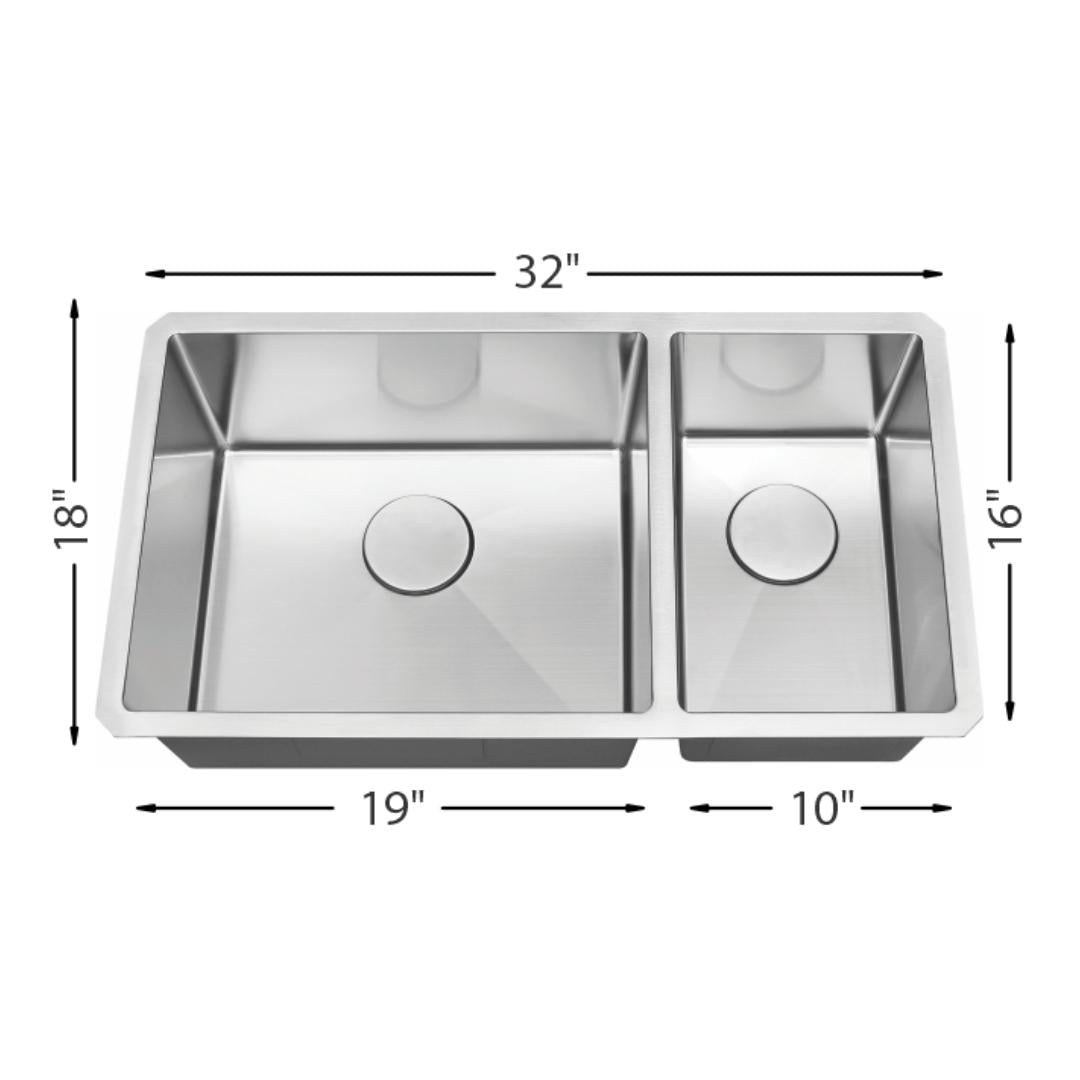 H-Z203X: 32" Stainless Steel 1-1/2 Double Bowl Kitchen Sink R10