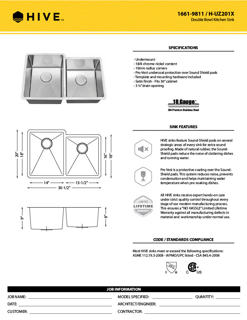 H-Z201X: 31" Stainless Steel 1-3/4 Double Bowl Kitchen Sink R10