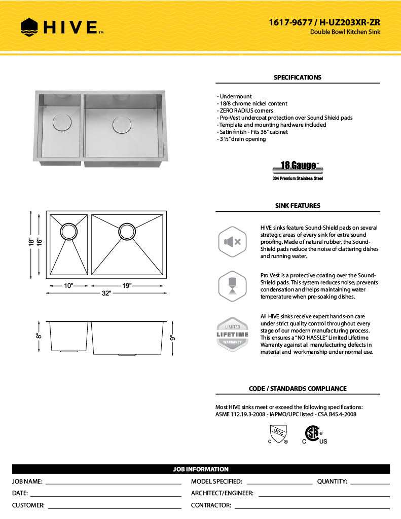 H-Z203XR-ZR: 32" Stainless Steel 1-1/2 Double Bowl Kitchen Sink Reverse ZERO RADIUS