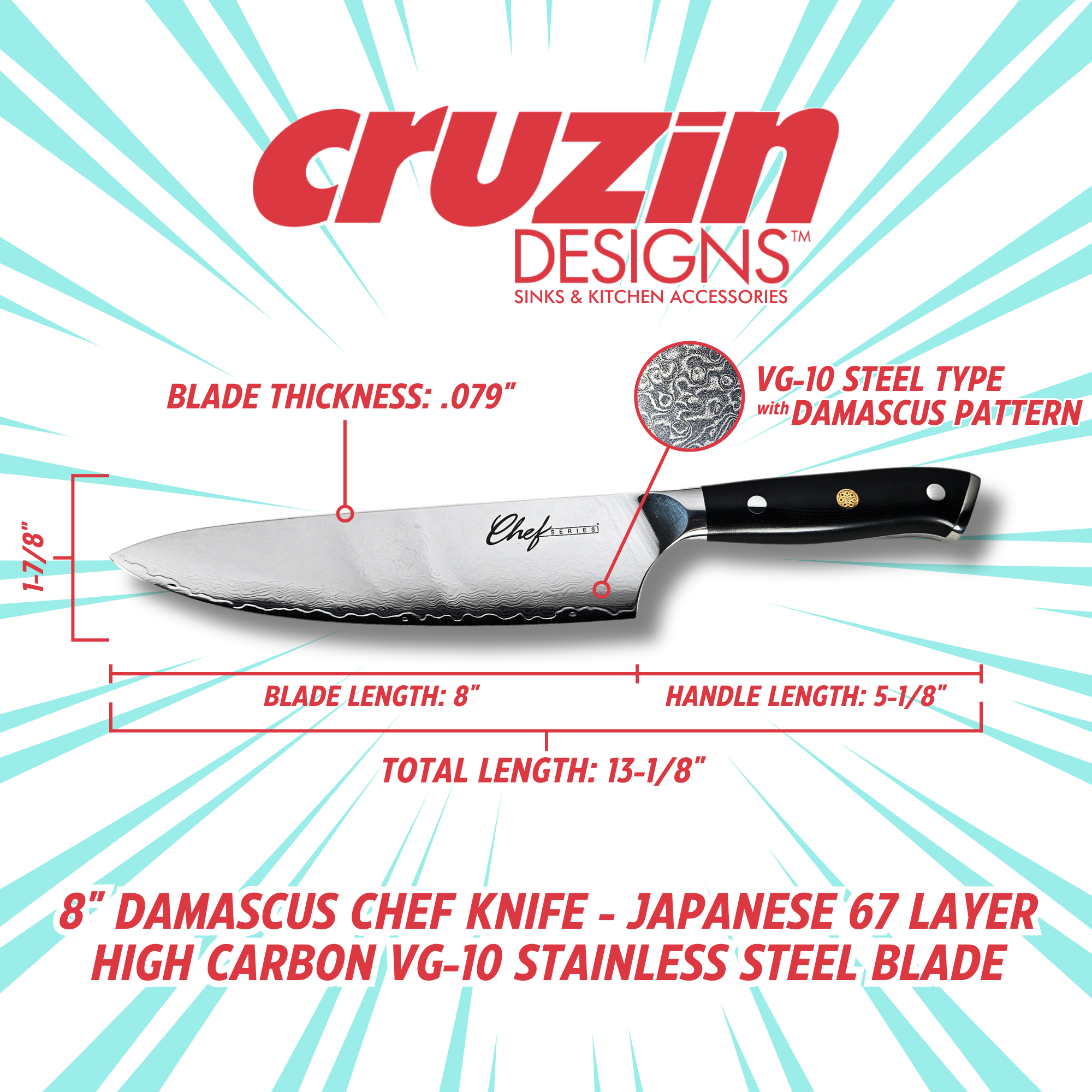 H-CK08: 8" Damascus Japanese Chef Knife