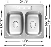 H-202-DI: 33" Stainless Steel Drop-In Double Equal Bowl Kitchen Sink